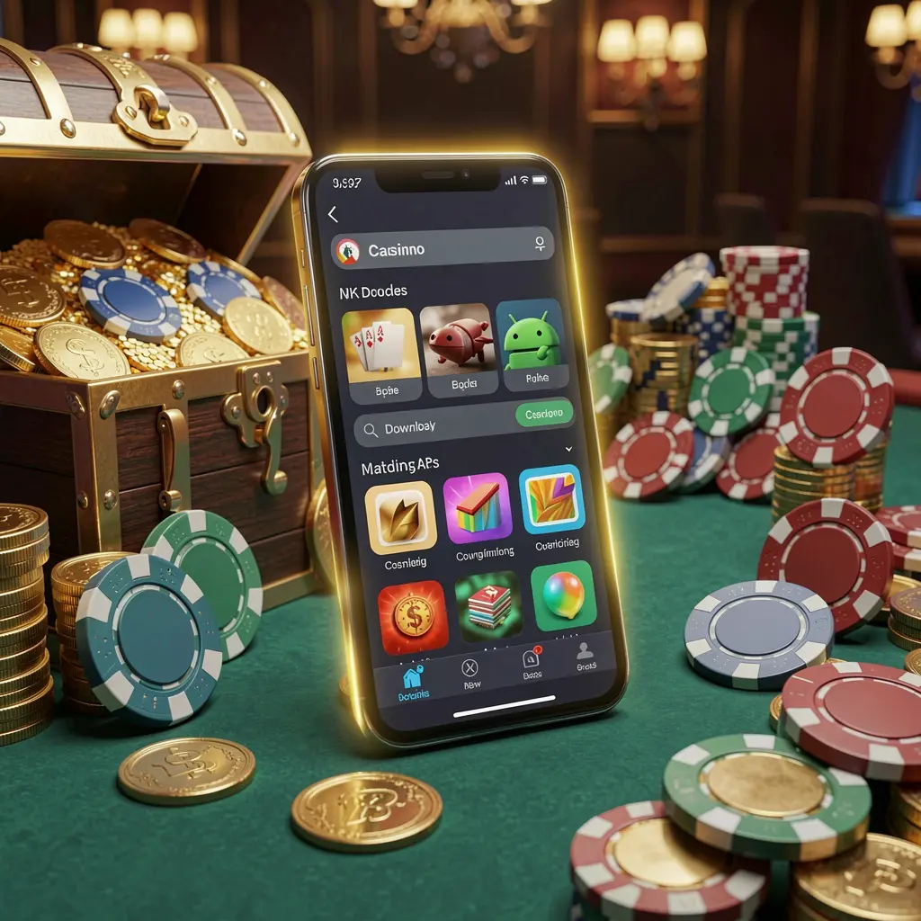 Glowing smartphone displaying the GGPH888 Casino APK app with Android-style layout, surrounded by a treasure chest, chips, and coins in a luxurious 3D render