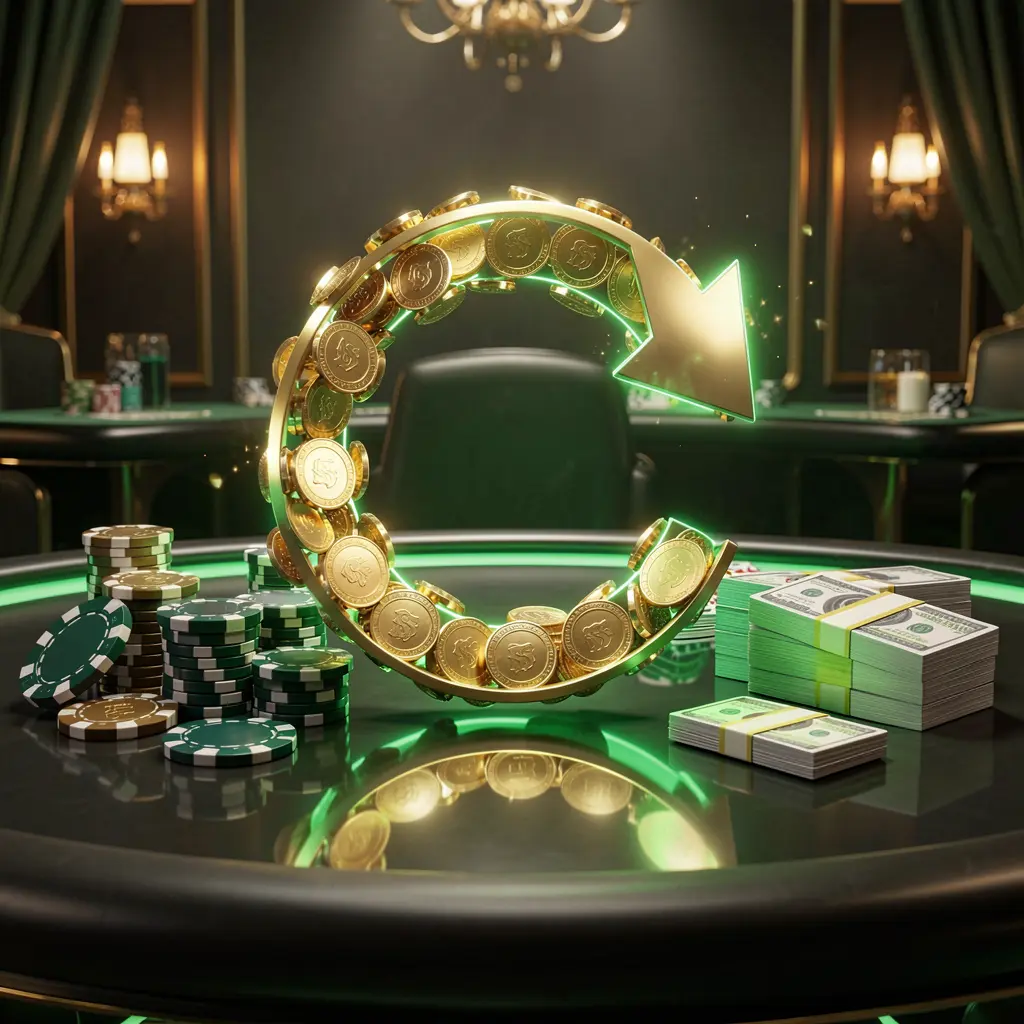 GGPH888 casino cashback bonus visual featuring golden coins returning in a circular arrow motion with poker chips and cash bundles on a glossy dark table illuminated by glowing green and gold accents in a premium online casino style