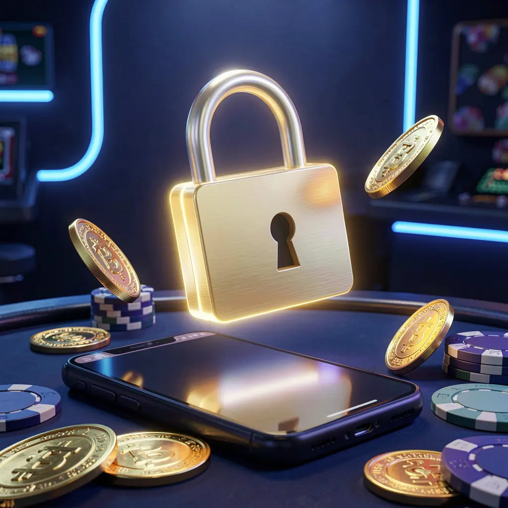 GGPH888 casino login security image featuring a glowing padlock floating above a smartphone with golden coins and chips scattered around on a dark blue neon background in a premium realistic 3D render