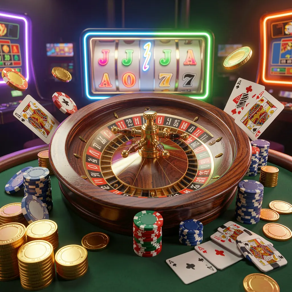 GGPH888 casino homepage visual featuring a realistic 3D render of a roulette wheel, poker chips, cards, golden coins, and jackpot lights with a bright neon glow in a dynamic composition